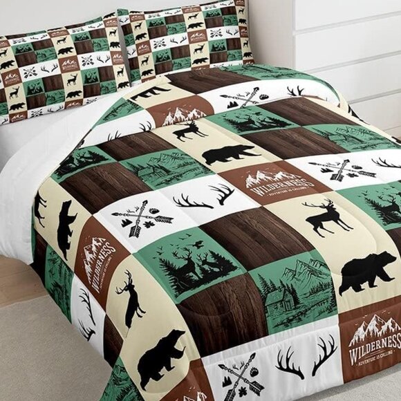 New 3 PC Rustic Hunting Bear & Deer Patchwork Comforter Set • QUEEN Size - Picture 1 of 5